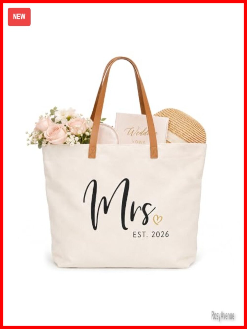 Bridal Shower Tote Bag Canvas Faux Leather Handles Recessed Zipper Mrs Est 2026